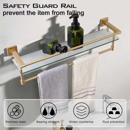Bathroom Glass Shelf with Towel Bar/Rack 24 inches Wall-Mounted Shelves Tempered Glass Sink Toilet Organizer Shower Towel Decorative Storage (Polished Gold Finish) - color: Brushed Gold, size: 24-inch with Railing