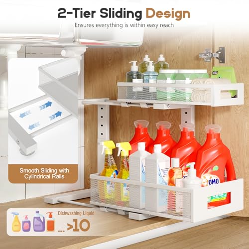 1 Pack-11.4"-16.14"H Under Sink Storage Organizer, Large 2-Tier Elegant Mesh Pull Out Shelf for Kitchen and Bathroom Cabinet Organization, L-Shaped and Adjustable Height Design for Maximum Space-White - color: White, size: 1 Pack-15.74"Dx11.4"-16.14"H