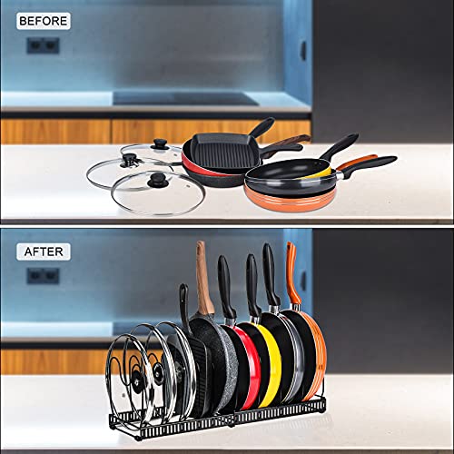 Toplife Pots and Pans Organizer Rack for Cabinet and Countertop, 10+ Pot Lids, Bakeware and Cookware Holder with 10 Adjustable Compartments - Black - color: Black, size: Pot & Pan Organizer