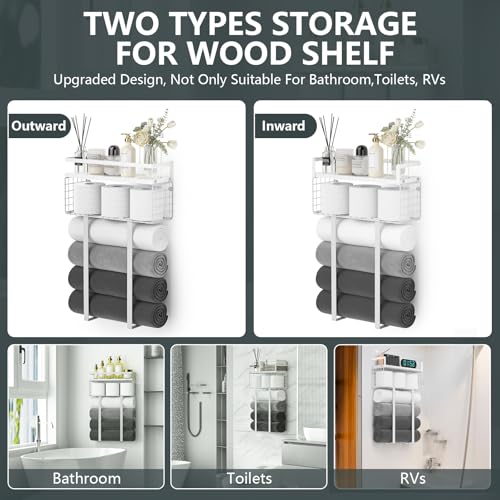 Towel Racks for Bathroom, Bathroom Shelf Over Toilet,Floating Shelves with Towel Rack Paper Holder Storage Basket,Floating Shelves for Wall Decor,White - color: White, size: Large