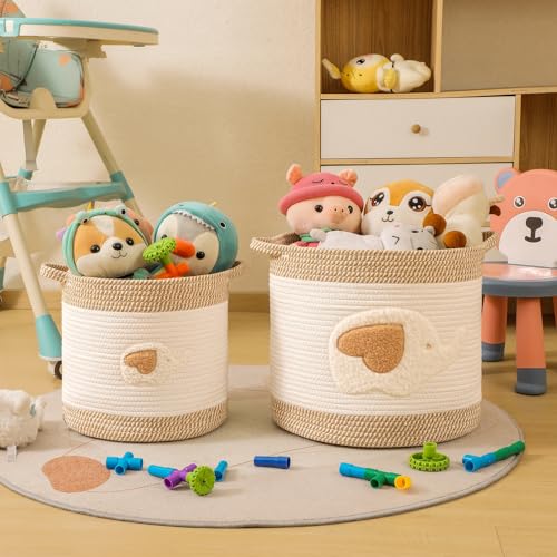 Large Blanket Baskets for Living Room Decor, Toy Storage Baskets Woven Cotton Rope Storage Basket for Kids, Dog Toys Organizer Clothes Hamper with Embroidery Decor for NurseryLaundry (Large, Elephant) - color: Elephant, size: Large