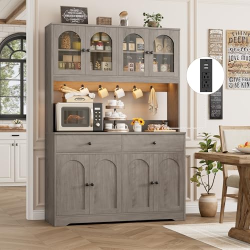 HIFIT 71" LED Kitchen Pantry Cabinet with Power Outlet, Large Kitchen Hutch Storage Cabinet with Arched Door, Shelves, 2 Drawer, Tall Farmhouse Coffee Bar w/Hutch for Home Dining Living Room, Ash Grey - color: Ash Grey