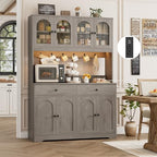 HIFIT 71" LED Kitchen Pantry Cabinet with Power Outlet, Large Kitchen Hutch Storage Cabinet with Arched Door, Shelves, 2 Drawer, Tall Farmhouse Coffee Bar w/Hutch for Home Dining Living Room, Ash Grey - color: Ash Grey