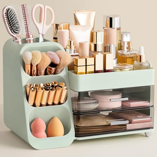 HBlife Makeup Organizer with Brush Holder for Vanity, Large Plastic Bathroom Countertop Organizer Skin Care Storage, Easy to Store Lipsticks, Nail Polishes, Perfumes, Eyeshadow Palettes, Green - color: Green, size: Large