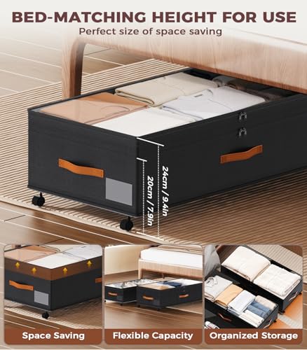 Under Bed Storage with Wheels, 35.5 inches Underbed Storage Large Capacity Under Bed Rolling Containers, 2 Pack Under the Bed Storage for Clothes, Shoes, Blankets (Deep Black) - color: Deep Black