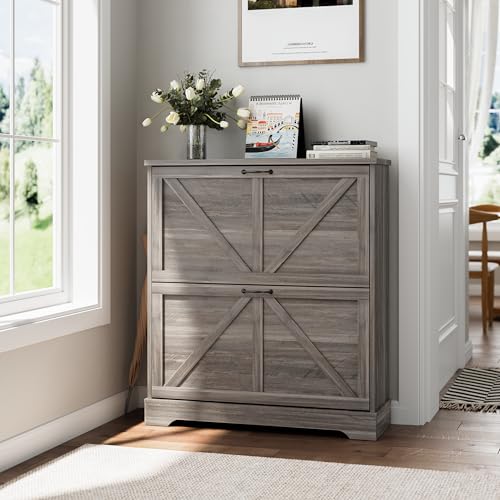 Smart FENDEE Shoe Storage Cabinet with 2 Flip Drawers, Farmhouse Narrow Shoe Cabinet Storage for Entryway, Slim Shoe Rack Cabinet with Wooden Feet, Gery - color: Grey, size: Width - 31.5 inches