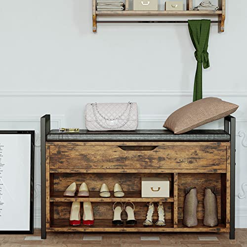 IRONCK Shoe Storage Bench, Entryway Bench with Lift Top Storage Box, Metal and Board Bench for Entryway, Two Tier Shoe Rack Organizer for Entryway, Hallway, Industrial, Vintage Brown - size: 39.4" W