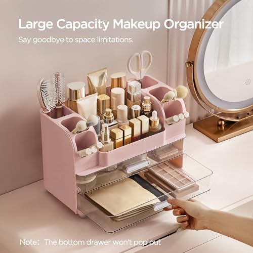 HBlife Makeup Organizer for Vanity with Brush Holder, Large Bathroom Countertop Cosmetic Organizer Skin Care Storage, Easy to Store Lipsticks, Nail Polishes, Perfumes, Eyeshadow Palettes, Pink - color: Pink
