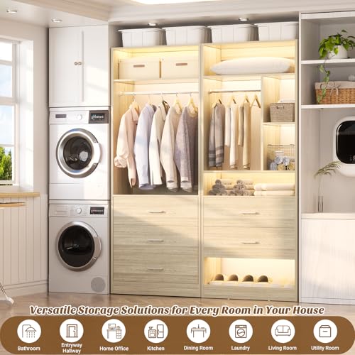 Besiost 4FT Closet Systems with 5 Wood Drawers, 48 Inch Closet Organizer System with 2 Hanging Rods & 7 Shelves, 48" Walk-in Closet, White Oak (48"L x 15" W x 80" H) - color: White Oak