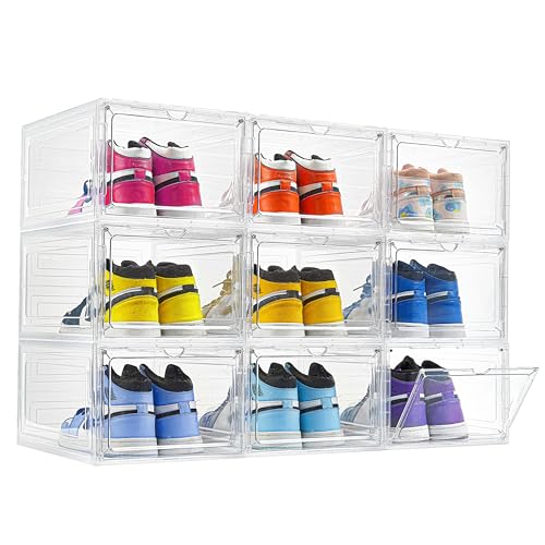 9 Pack X-Large Shoe Storage Box, Thicken&Sturdy with Clear Magnetic Door, Stackable Shoe Organizer with Solid Plastic, Drop Front Shoe Box for Sneaker Display Fit up to US Size 12 - color: Clear, size: X-Large-9Pack