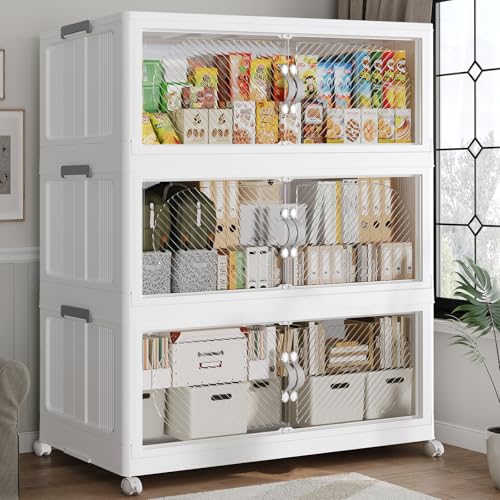 120GAL Plastic Storage Bins with Lid, 480QT Extra Large Stackable Closet Organizers and Storage, Collapsible Storage Boxes with Wheels, Folding Cabinet for Home Kitchen Office, 3Pack White - color: 40Gal-White, style: 3Pack