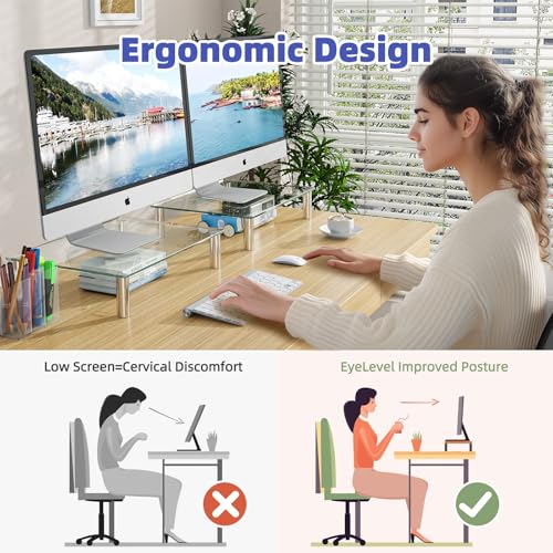 Simple Trending 2 Pack Computer Monitor Riser with Height Adjustable, Tempered Glass, Multi Media Desktop Stand for Flat Screen TV Laptop - size: 14.25 x 9.5 x 3.5 inches