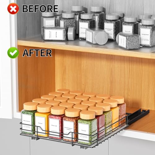 RCHYFEED Pull Out Spice Rack Organizer for Cabinet,Slide out Spice Organization for Inside Cabinets,Heavy Duty Seasoning Organizer Fits Kitchen and Pantry,Sauces,Canned (10.5''Wx10.5''Dx2.5''H) - size: 1 Tier-10.5''Wx10.5''Dx2.5''H