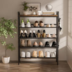 5 Tier Shoe Rack, Shoe Rack for Entryway with Hook, Shoe Organizer with Adjustable Mesh Shelves, Metal Shoe Storage, Closet, Bedroom Living Room Garage - size: 5 Tier