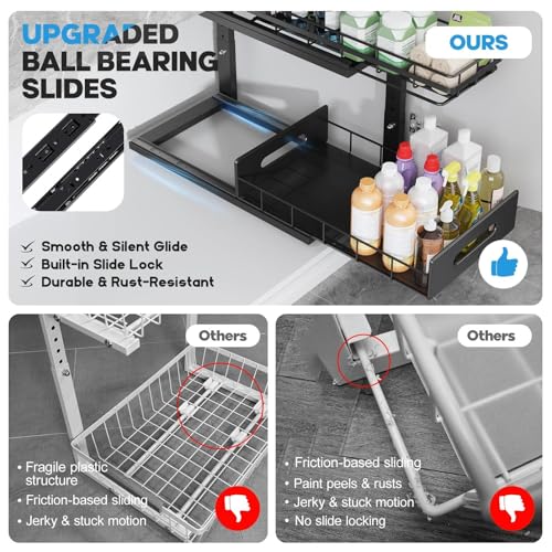 Under Sink Organizer Upgrade To Professional Rails,2-Tier Dual Pull Out Cabinet Storage,Height Adjustable Slide Out Drawers For Bathroom Kitchen,2 Pack-16.7"Dx12.8"-16.9"H,Black - color: Black, size: 2 Pack-16.7"Dx12.8"-16.9"H