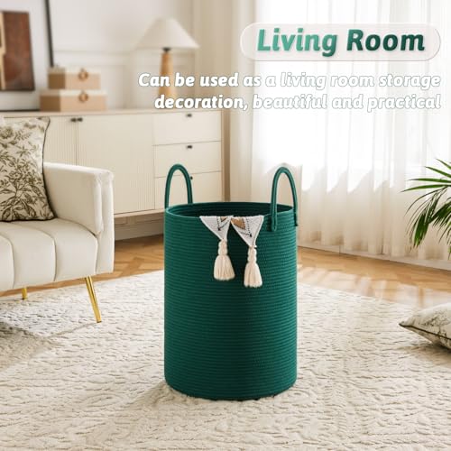 Artfeel Laundry Basket,Woven Cotton Rope Laundry Hamper,40L for Decorative Storage of Dirty Clothes,Toys and Blankets in Bathroom,Baby Room and Living Room - color: Dark green, size: 40L