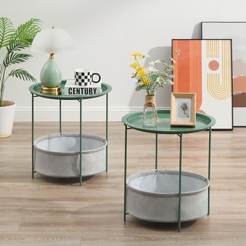 VECELO Round Side/End Table with Fabric Storage Basket，Metal Anti-Rust and Waterproof Small Bedside Nightstand with Removable Tray Top for Living Room，Balcony & Laundry，Dark Green /1pcs with Basket - color: Green, size: 1 PCS