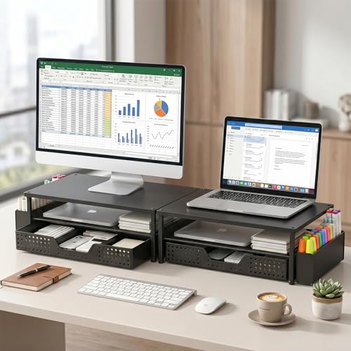 ECOLOVI Desk Organizer and Accessories, 2-Tier Computer Monitor Stand Rise with Storage Drawer & 2 Pen Holders, Laptop & Printer Stand for Desktop, Workspace Organizers for Office Supplies (Black Wood) - color: Black Wood