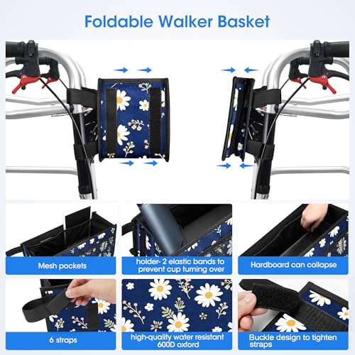 Dotday Upgraded Walker Basket with Cup Holder, Foldable Walker Bag with Large Capacity & Never Tipping Over- Not Fit for Rollator - color: Blue
