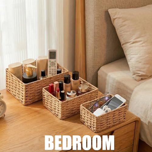 Small Wicker Basket for Organizing, Woven Storage Basket Set of 3 - Handwoven Natural Paper Rope Baskets to Declutter Any Room, Perfect for Organizing and Home Decor - color: Neutral