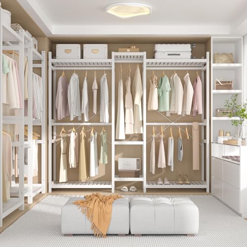 Homykic Bamboo Closet System Clothes Rack, Large Freestanding Garment Rack Clothing Rack for Hanging Clothes with 7 Storage Shelves and 5 Rods, Open Wardrobe Organizer with 4 Hooks, White - color: White, size: III Large