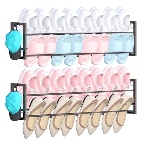 2 Pack Wall Mounted Shoe Rack for Narrow Spaces, Hanging Shoe Rack Holds 16 Pairs, 17"-30"Adjustable Heavy Duty Wall Shoe Storage with 4 Storage Hooks, Space Saving for Closet Entryway Door, Black - color: Black, size: 2 Pack