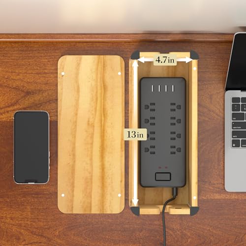 Delamu Wooden Cable Management Box, Retro-Inspired Cord Organizer Box for Home Office, Large Cord Hider Box Hides Cords and Power Strips, Floor Cord Covers, 14.3" x 6.0" x 5.5", Light Wood Color - color: Light wood color
