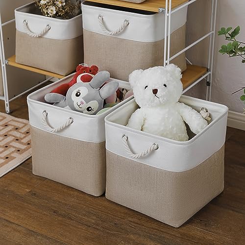 MidmmVick 13 x 13 Inch Cube Storage Bins, 4 Pack Large Collapsible Fabric Storage Bin with Ropes, Foldable Storage Cubes for Home, Office,Closet, Clothes, Toys Organizer (White & Beige) - color: White&Beige-13"x13"x13"