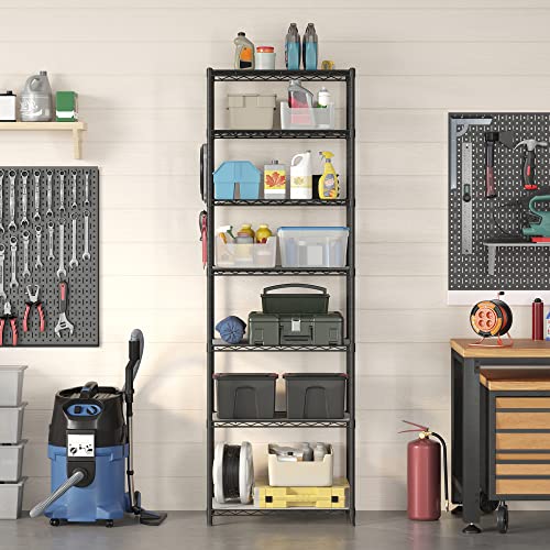 SONGMICS 7-Tier Storage Shelves, Wire Shelving Unit, Kitchen Metal Shelves, Storage Rack with Adjustable Shelves, Shelf Liners, 8 Hooks, for Garage, 13.4 x 23.2 x 70.9 Inches, Black ULGR067B01 - color: Ink Black, size: 7 Tiers (13.4"D x 23.2"W), style: Wi