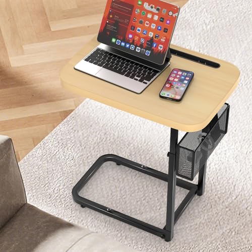 Fashion TV Tray Table with Large Tabletop, Adjustable Sofa Table with Storage Baskets, Strong Metal Frame, Tv Dinner Tray Table for TV Watching, Meals, Snacks (Square, Beige, 16.93inch x 12.6inch)
