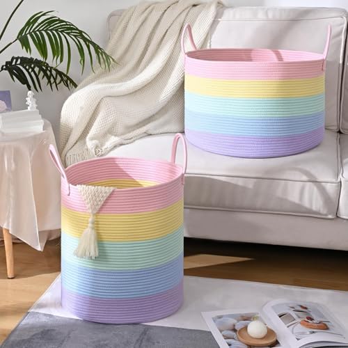 Rainbow Toy Basket, 20"x13" Extra Large Kids Toy Storage for Playroom Classroom Nursery, Woven Rope Blanket Basket with Handles, Stuffed Animal Organizer & Dog Toys Basket - color: Light Rainbow - Wide