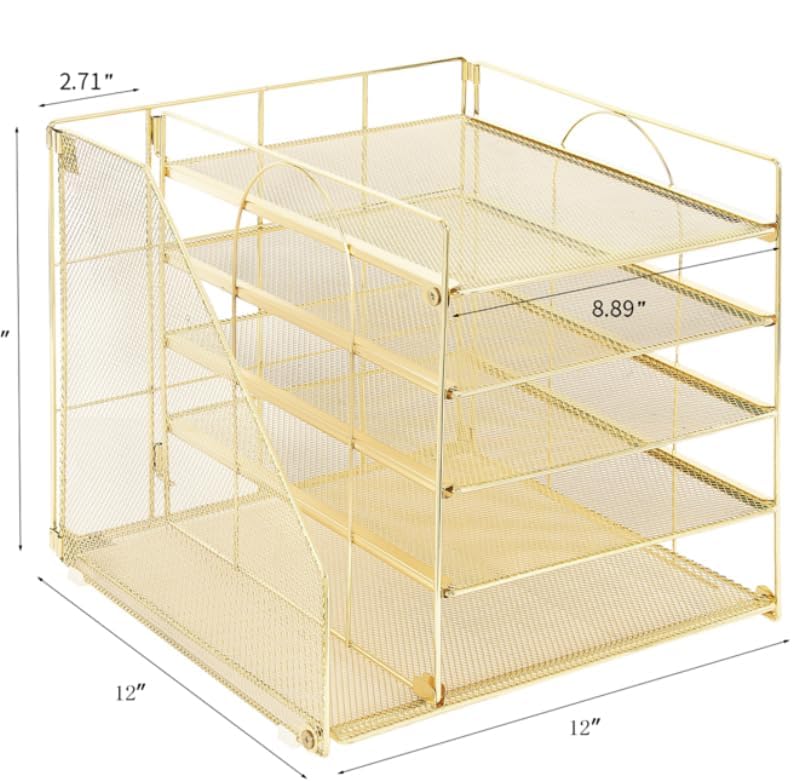 AUPSEN Desk Organizer with File Holder, 5 Trays Paper Letter Tray Organizer, Mesh Desk Organizers and Accessories for Home Office Supplies (Gold) - color: Gold 2