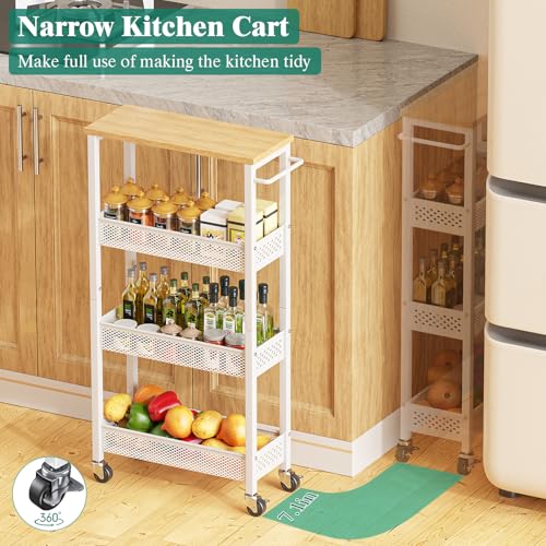Giwil Slim Rolling Storage Cart 4 Tier Bathroom Organizer Mobile Shelving Unit Utility Cart with Wood Top and Handle for Kitchen Laundry Narrow Places, White - color: White, size: 4 Tier (W-7.1IN)