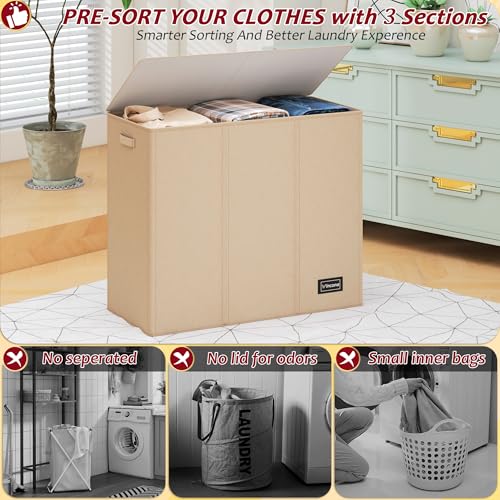 195L Laundry Hamper 3 Section,Large Laundry Hamper with Lid,Dirty Clothes Hamper with 3 Inner Bags,Collapsible Laundry Basket Organizer for Laundry Room,Bedroom,Laundry Sorter Hamper 3 Compartment - color: Oatmeal, size: 195L