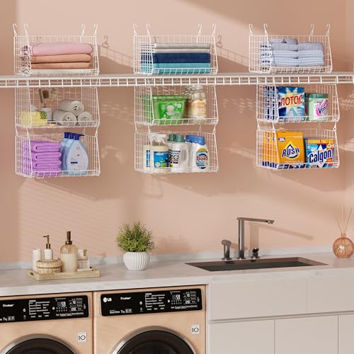 3-Tier Hanging Laundry Basket Organizer：Foldable Wire Shelf Laundry Room Organizer with 360°Rotating Hooks Small Space Solutions Pantry Baskets - Laundry Organization, White Patent - color: White, size: 3-Pack 11"D*13.7"W*29.72"H