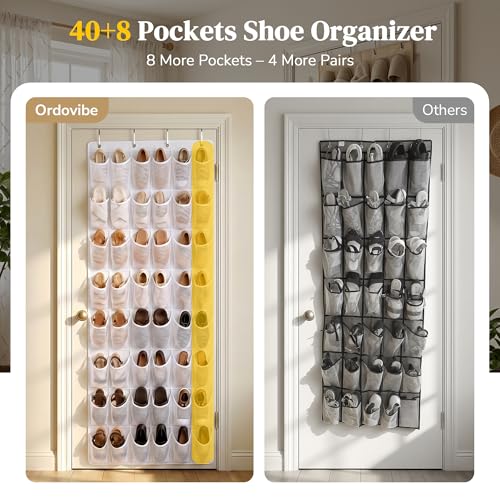 48 Pockets Over The Door Shoe Organizer, Large Mesh Hanging Shoe Rack, 6-Column Heavy Duty Shoe Storage for Sneakers and Heels, Behind Door Holder for Entryway Bedroom Dorm College, White - color: White