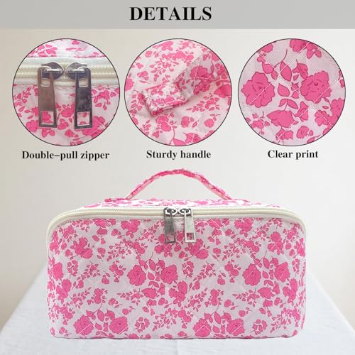 Pink Large Quilted Floral Makeup Bag Cute Coquette Aesthetic Cosmetic Bag Open Flat Travel Toiletry Make up Bag for Women - color: C-lay flat pink