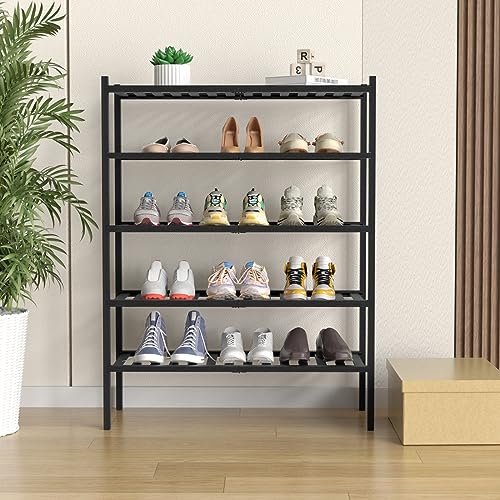 ROMGUAR CRAFT 5 Tier Bamboo Shoe Rack for Closet Free Standing Wood Shoe Shelf for Entryway Small Space Stackable 27"x11"x33" (Black) - color: Black, size: 5 tier
