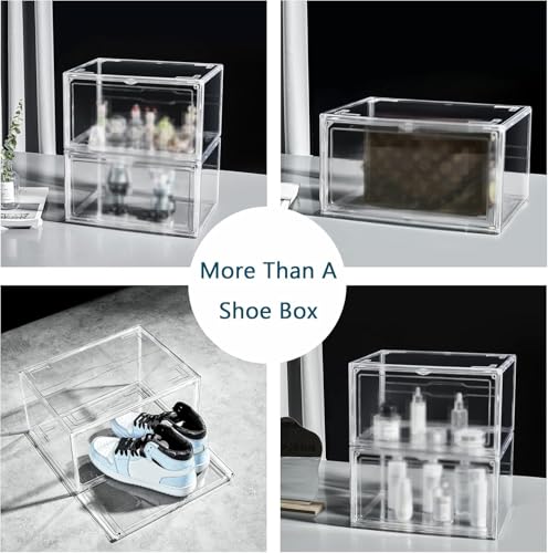 12 Pack Shoe Boxes, Clear Acrylic Stackable Plastic Sneaker Box Container, Magnetic Drop & Side Open Shoe Organizer Case Container With Lids Fits Up to Size 14 (Crystal Clear) - color: Crystal Clear