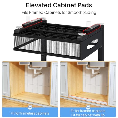 Under Sink Organizer, 2 Pack 2 Tier Pull Out Under Cabinet Organizer Shelf with Pad for Framed Cabinets, Metal Slide Out Under Sink Storage, Mesh Sliding Drawers for Kitchen Bathroom Laundry, Black - color: Black, size: 2-Pack