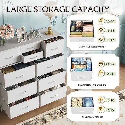 WLIVE White Dresser for Bedroom with 10 Drawers, Chest of Drawers with Side Pockets and Hooks, PU Storage Dresser, Sturdy Metal Frame, Drawers Organizer Unit for Living Room, Hallway, Closet - color: White