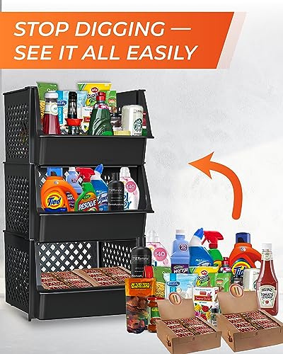 TidyFriend 3 Pk XLarge Stackable Storage Bins Open Front for Pantry Organizers and Storage, Pantry Storage for Food, Kitchen and Home Organization, Plastic Storage Bins, Dorm Room Essentials (Black) - color: Black, size: 3 Pack - Xlarge