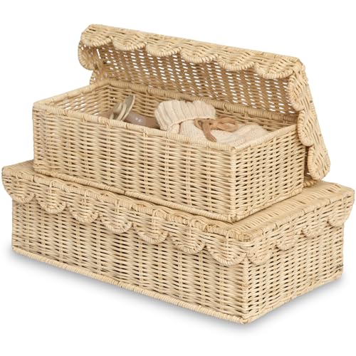 BEBE BASK Handwoven Stackable Decorative Storage Boxes with Lids, Set of 2 (14 × 8 × 4 in) – Scalloped Wicker Basket for Home Decor – Baby Keepsake Box & Memory Box for Keepsakes for Nursery