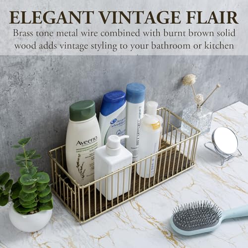 MyGift Modern Brass-Tone Metal Wire Toilet Paper Holder Basket with Rustic Burnt Solid Wood Base, Toilet Tank Topper Organizer Tray Bathroom Sink Counter Toiletries Storage - color: Brass / Burnt Wood