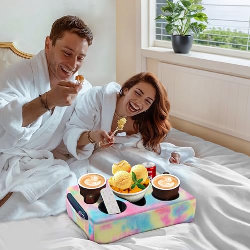 Couch Cup Holder Pillow, 5 Hole Couch Drink Holder! Keep Drinks Hand Side and Keep Temp, Prevent Spills and Use Anywhere. Cup Holder for Couch, Bed, Camping, RV, Car, Beach. Pink Blue Yellow - color: Pink Blue Yellow