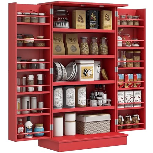 HOMCOM 41" Kitchen Pantry Storage Cabinet, Freestanding Kitchen Cabinet with 12 Door Shelves, Double Doors, 5-Tier Shelving and Adjustable Shelves, Red - color: Red, size: 41"H