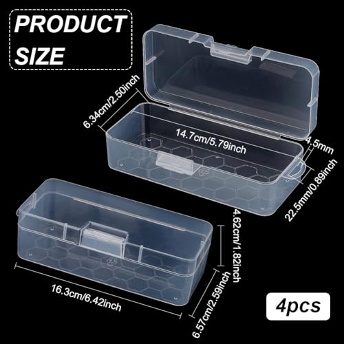 BENECREAT 4 Packs Rectangle Plastic Container Box, 6.4x2.6x1.8inch Clear Storage Organizer with Hinged Lid and Hanging Hole for Small Craft Accessories Office Supplies - size: 6.4x2.6x1.8inch