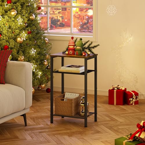 Hoctieon 3 Tier End Table, Telephone Table, Narrow Side Table with Storage, Nightstand for Small Spaces, Metal Frame, For Living Room, Bedroom, Sofa Couch, Hall, Easy Assembly, Rustic Brown - color: Rustic Brown, size: 1 Pack