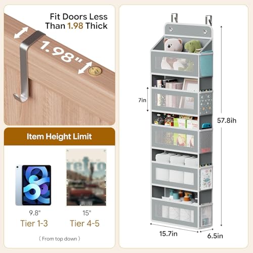 Simple Trending Over The Door Organizer, Hanging Shelves with 5 Large 5 Side Pockets, 44 lb Weight Behind Door Storage for Bedroom,Bathroom, Pantry, Nursery, Grey
