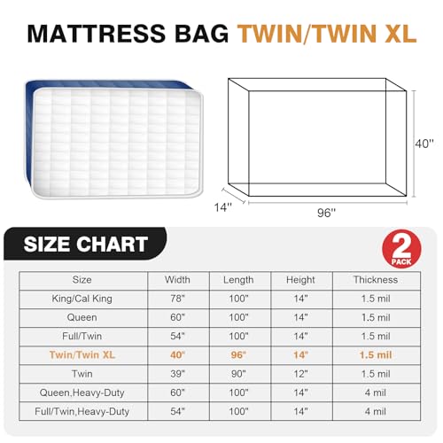 2 PK Twin XL/Twin Mattress Bags for Moving, Waterproof Mattress Cover for Disposal and Storage - size: Twin/Twin XL,2 Pack, style: Economical Protection(1.5Mil Thick)